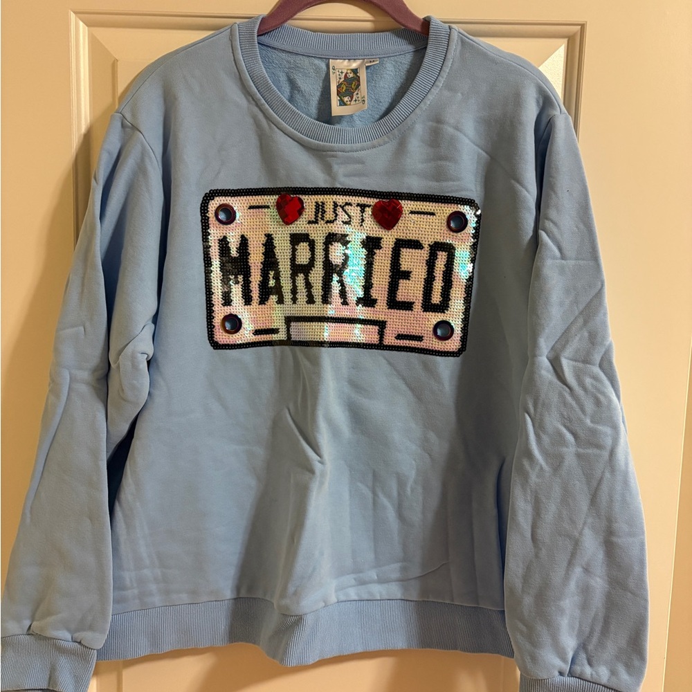 QUEEN OF SPARKLES Baby Blue Sequin "Just Married" Sweatshirt